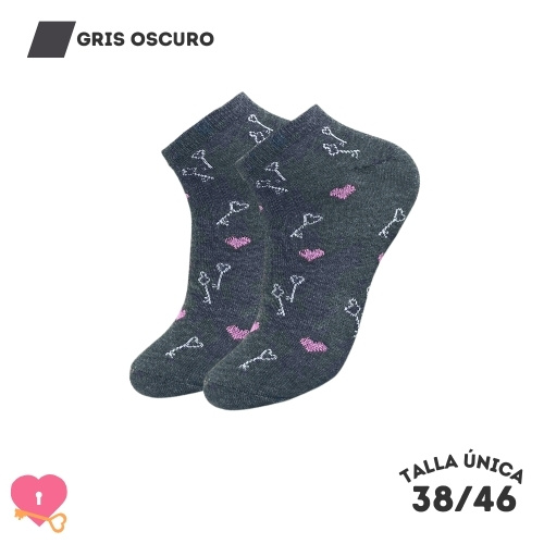 Calcetines Tobilleros Corazones y Llaves Gris